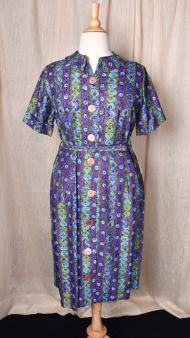 NWT 1950s Purple & Green Floral Stripe Dress - A Henri Bernard Fashion