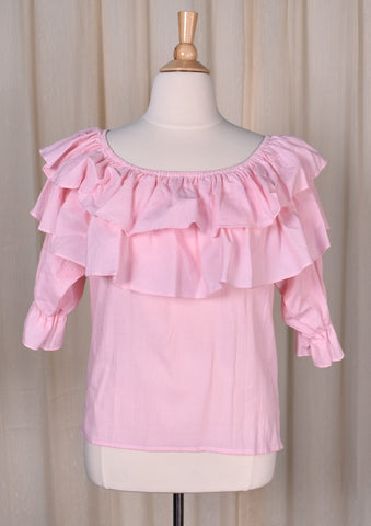 1980s Pink Ruffle Peasant Blouse