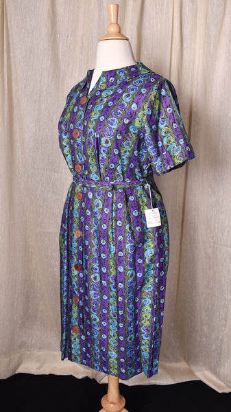 NWT 1950s Purple & Green Floral Stripe Dress - A Henri Bernard Fashion