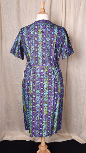 NWT 1950s Purple & Green Floral Stripe Dress - A Henri Bernard Fashion