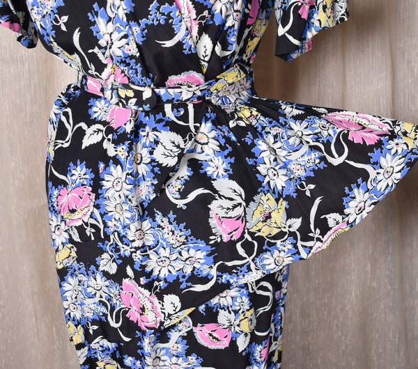 1940s Sexy Black Floral Peplum Dress