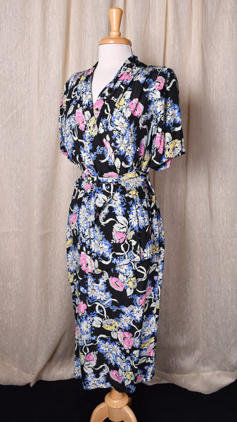 1940s Sexy Black Floral Peplum Dress