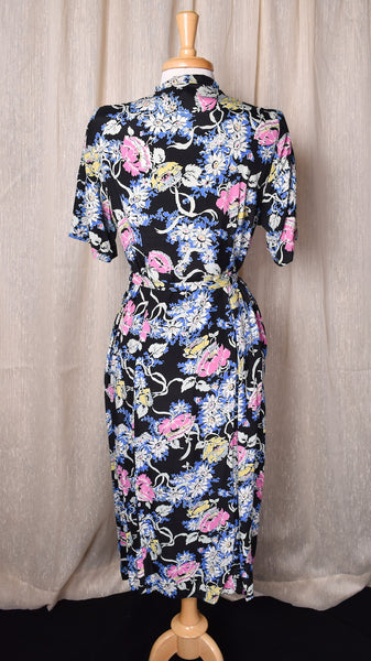 1940s Sexy Black Floral Peplum Dress