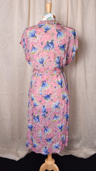 1940s Sheer Ball Gown Novelty Print Dress