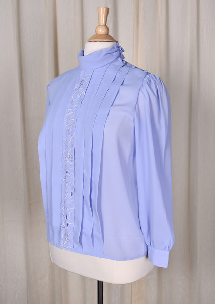 1940s Style Periwinkle Pleated Button Shoulder Blouse