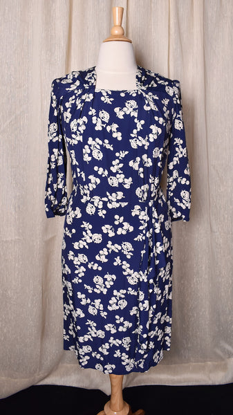 1940s Blue Cherry Print Dress