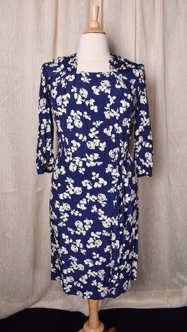 1940s Blue Cherry Print Dress