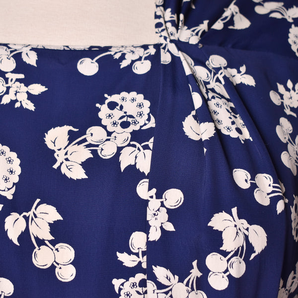 1940s Blue Cherry Print Dress