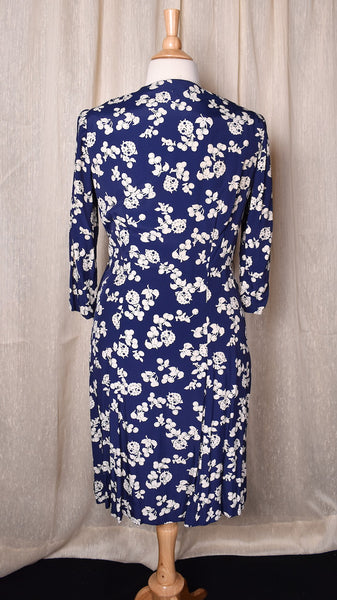 1940s Blue Cherry Print Dress