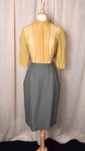 1950s Sheer Yellow Rhinestone Button Blouse