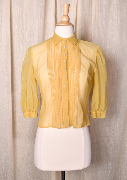 1950s Sheer Yellow Rhinestone Button Blouse