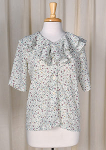 1940s Style Floral Crepe Ruffle Blouse