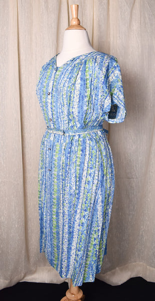 NWOT 1950s Blue Floral Stripe Button Down Dress