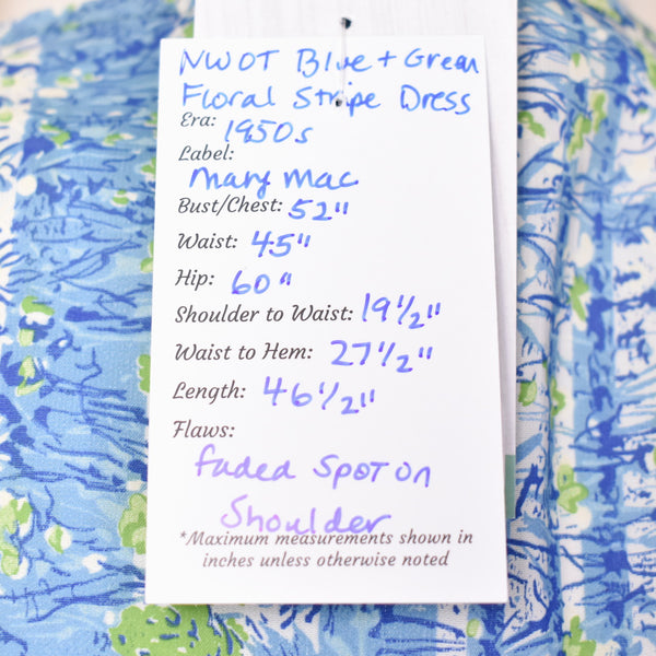 NWOT 1950s Blue Floral Stripe Button Down Dress