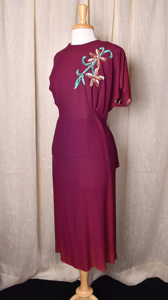 1940s Raspberry Sequin Floral Peplum Dress Cats Like Us 1940s Raspberry Sequin Floral Peplum Dress Cats Like Us