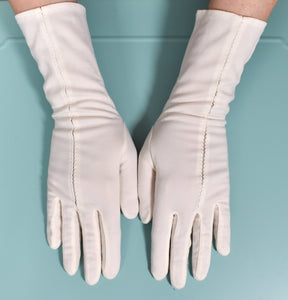 Long Off White Cotton Stitched Up Gloves