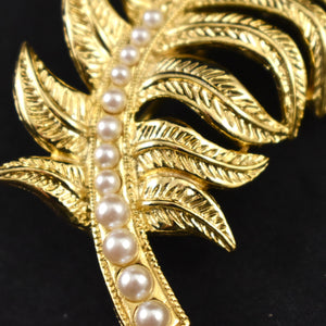 Gold Pearl & Feather Brooch Pin