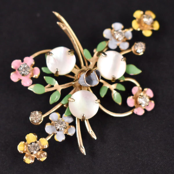Mother of Pearl Enamel Flower Swirl Brooch