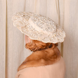 1950s Cream & Bead Platter Hat