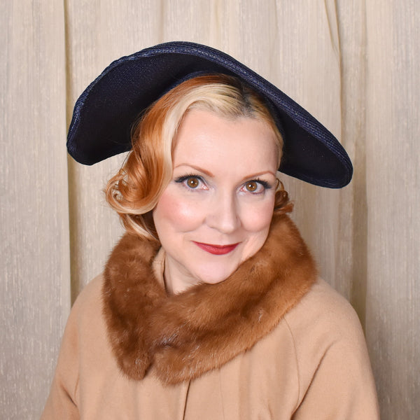 1950s Navy Asymmetrical Straw Platter Hat