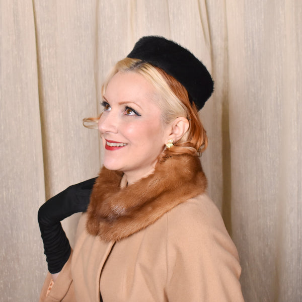1960s Black Faux Fur Little Pillbox Hat