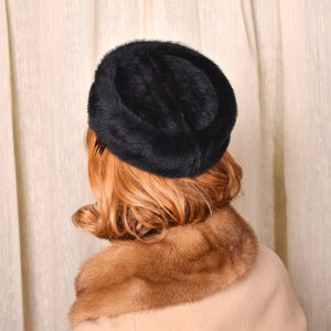 1960s Black Faux Fur Little Pillbox Hat