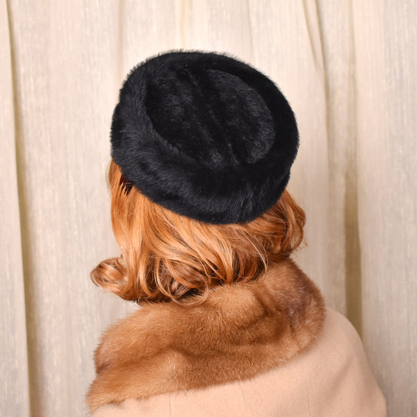 1960s Black Faux Fur Little Pillbox Hat