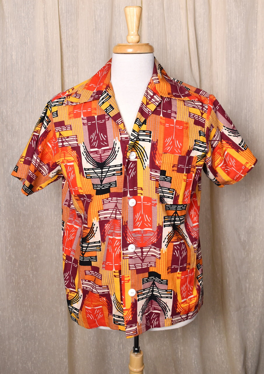 1960s Vibrant Abstract Tikis Barkcloth Shirt