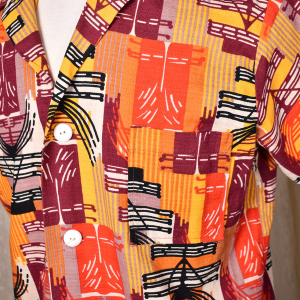 1960s Vibrant Abstract Tikis Barkcloth Shirt