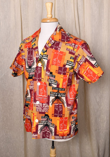 1960s Vibrant Abstract Tikis Barkcloth Shirt