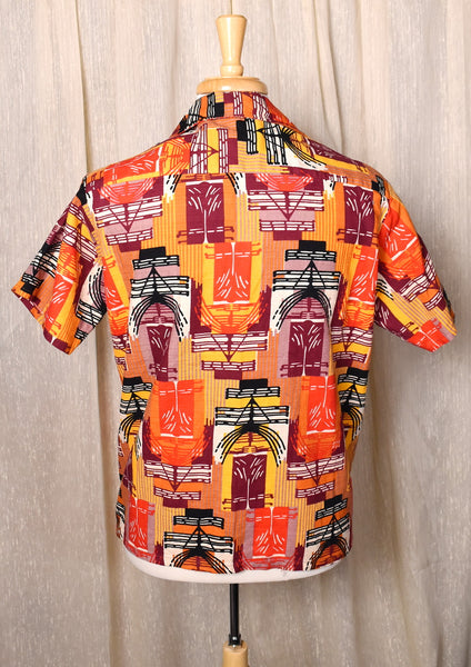 1960s Vibrant Abstract Tikis Barkcloth Shirt