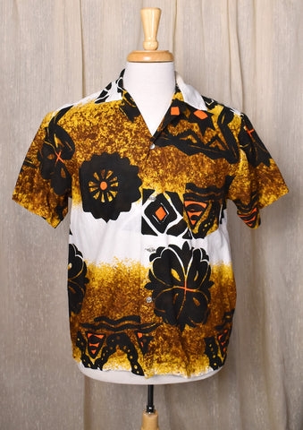 1960s Barkcloth Tribal Wheel Tiki Shirt