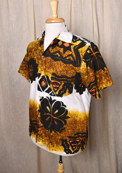 1960s Barkcloth Tribal Wheel Tiki Shirt