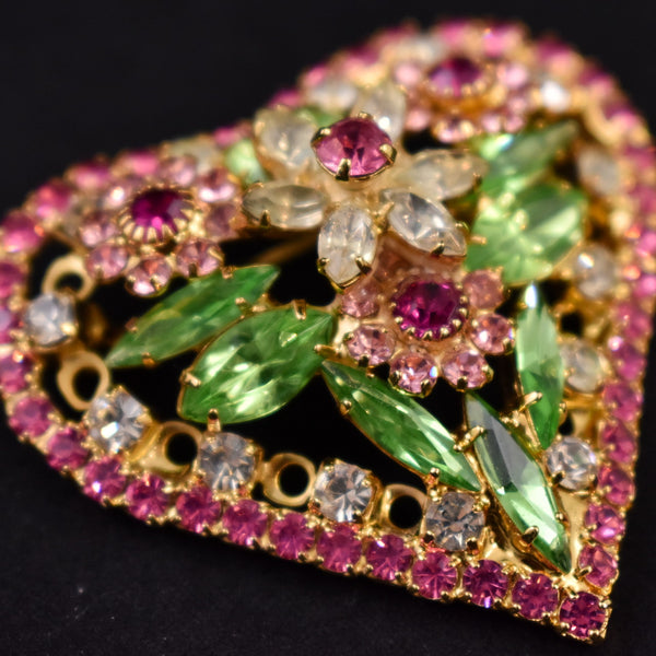 Bauer Rhinestone Heart & Flowers Brooch