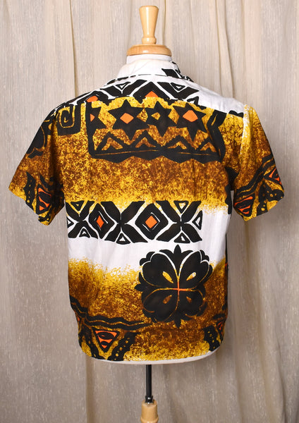 1960s Barkcloth Tribal Wheel Tiki Shirt