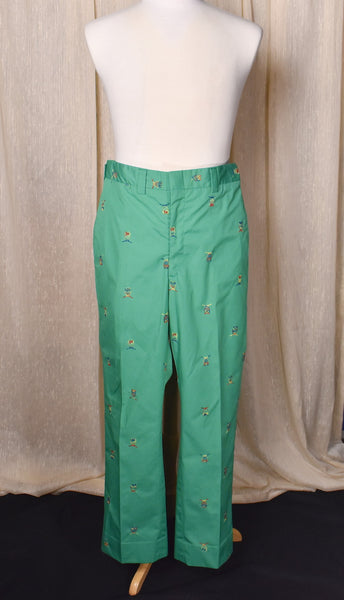 1980s Green Rainbow Owl Embroidered Preppy Pants