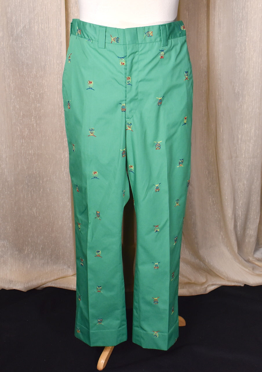 1980s Green Rainbow Owl Embroidered Preppy Pants