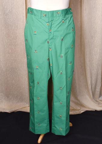 1980s Green Rainbow Owl Embroidered Preppy Pants
