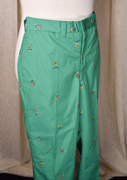 1980s Green Rainbow Owl Embroidered Preppy Pants