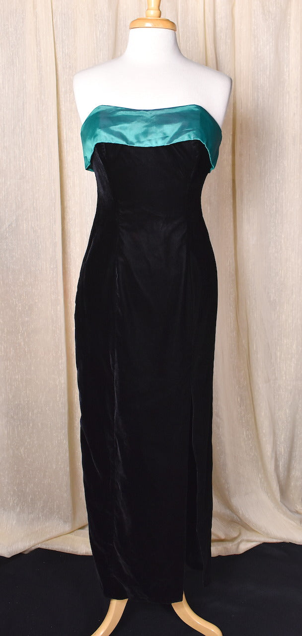 1990s Zum Zum Black Velvet Green Bows Dress