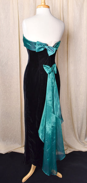 1990s Zum Zum Black Velvet Green Bows Dress