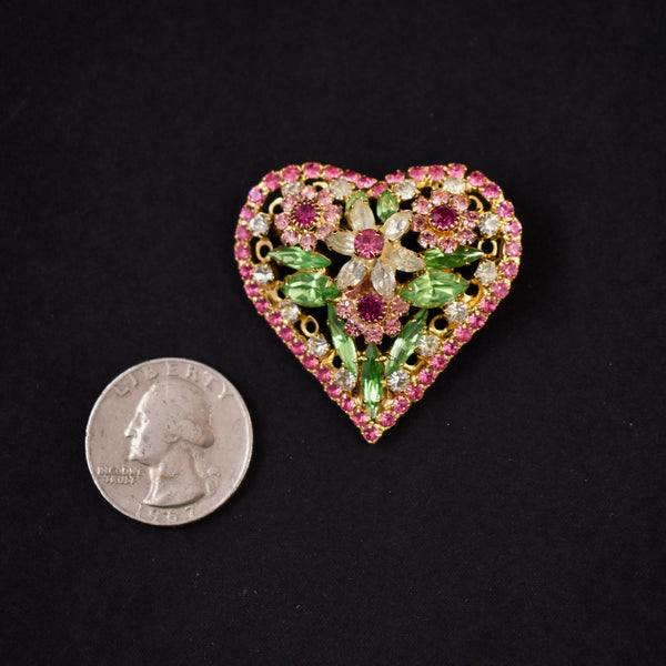 Bauer Rhinestone Heart & Flowers Brooch