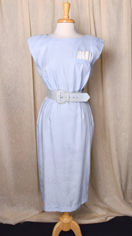 1980s Sky Blue Button Back Wiggle Dress