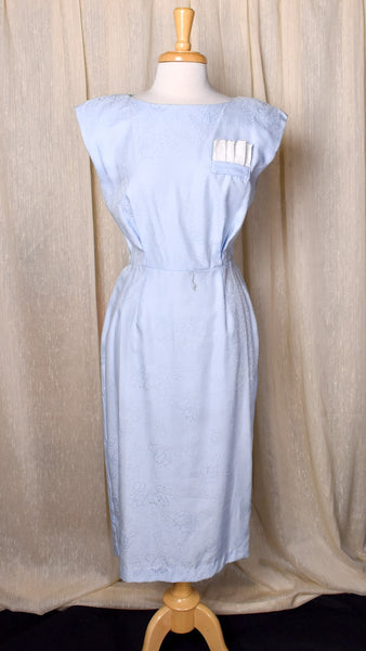 1980s Sky Blue Button Back Wiggle Dress