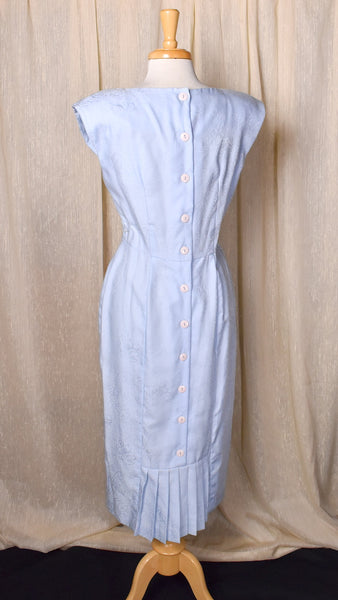 1980s Sky Blue Button Back Wiggle Dress