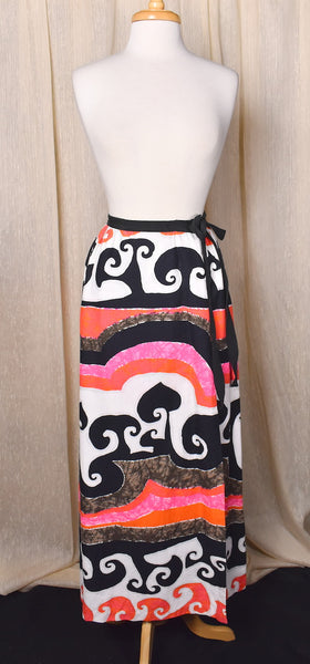 1960s Barkcloth Swirl Wrap Maxi Skirt