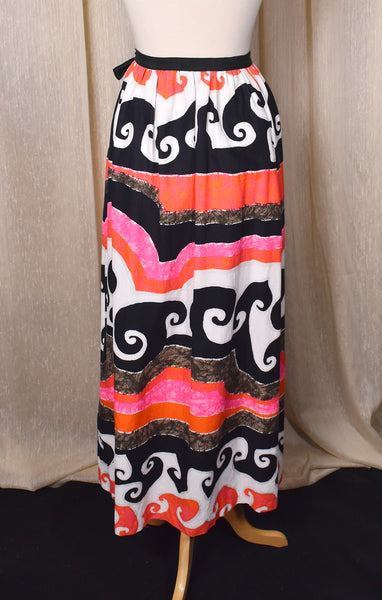 1960s Barkcloth Swirl Wrap Maxi Skirt