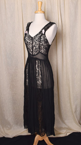 1940s Black Sheer Lace Night Gown
