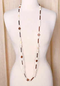 Extra Long Mother of Pearl & Wood Bead Necklace