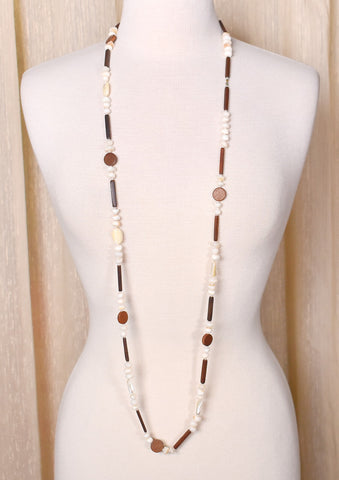 Extra Long Mother of Pearl & Wood Bead Necklace